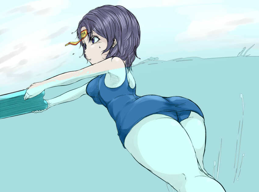 1girl ass blue_one-piece_swimsuit blue_sky bodyboard breasts cloud commentary_request feet_out_of_frame hat highres holding_bodyboard jiangshi looking_afar medium_breasts miyako_yoshika one-piece_swimsuit outdoors outstretched_arms parted_bangs purple_eyes purple_hat shika_miso short_hair sky solo swimsuit touhou zombie_pose