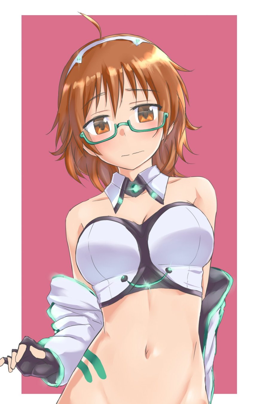 1girl ahoge aimobake bad_id bad_twitter_id bare_shoulders black_gloves blush bottomless breasts closed_mouth collarbone commentary_request crop_top detached_collar embarrassed fingerless_gloves glasses gloves green-framed_eyewear groin hairband highres idolmaster idolmaster_cinderella_girls jacket long_sleeves looking_at_viewer medium_breasts navel off_shoulder open_clothes open_jacket orange_eyes orange_hair semi-rimless_eyewear short_hair solo stomach tattoo under-rim_eyewear upper_body white_jacket yoshioka_saki