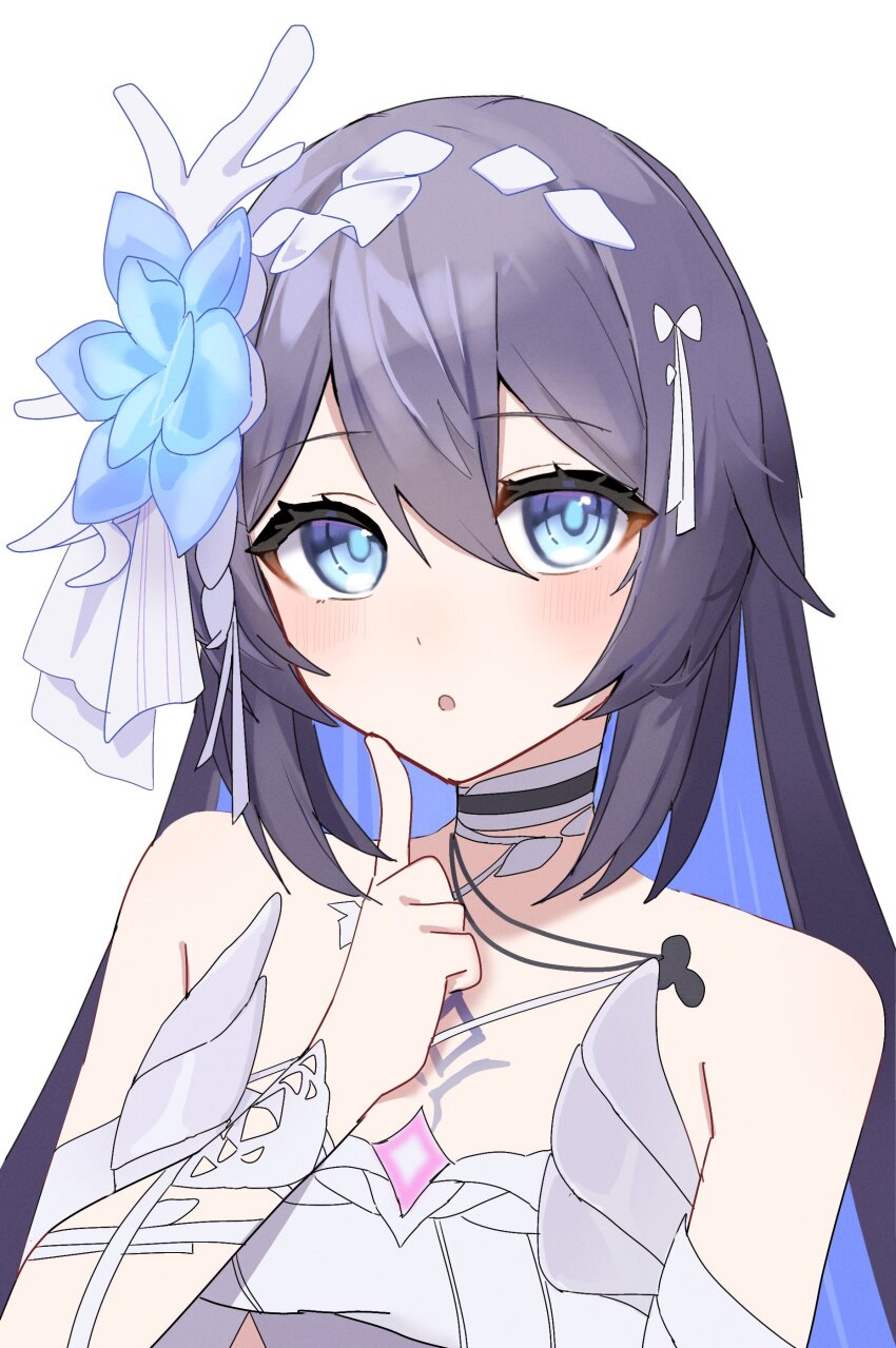 1girl :o absurdres bare_shoulders black_hair blue_eyes blue_flower blue_hair choker detached_sleeves double-parted_bangs dress finger_to_own_chin flower h2o_omizu hair_between_eyes hair_flower hair_ornament hair_ribbon highres honkai_(series) honkai_impact_3rd light_blush long_hair looking_up multicolored_hair open_mouth ribbon seele_vollerei seele_vollerei_(herrscher_of_rebirth) solo two-tone_choker two-tone_hair very_long_hair white_background white_dress white_ribbon