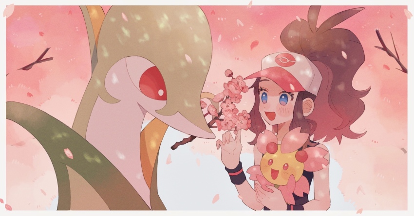 1girl :d antenna_hair black_vest black_wristband blue_eyes brown_hair cherrim cherrim_(sunshine) commentary_request creatures_(company) day eyelashes flower game_freak gen_4_pokemon gen_5_pokemon happy high_ponytail highres hilda_(pokemon) hime_(himetya105) holding holding_pokemon long_hair nintendo open_mouth outdoors pink_flower pokemon pokemon_(creature) pokemon_bw serperior smile stick vest