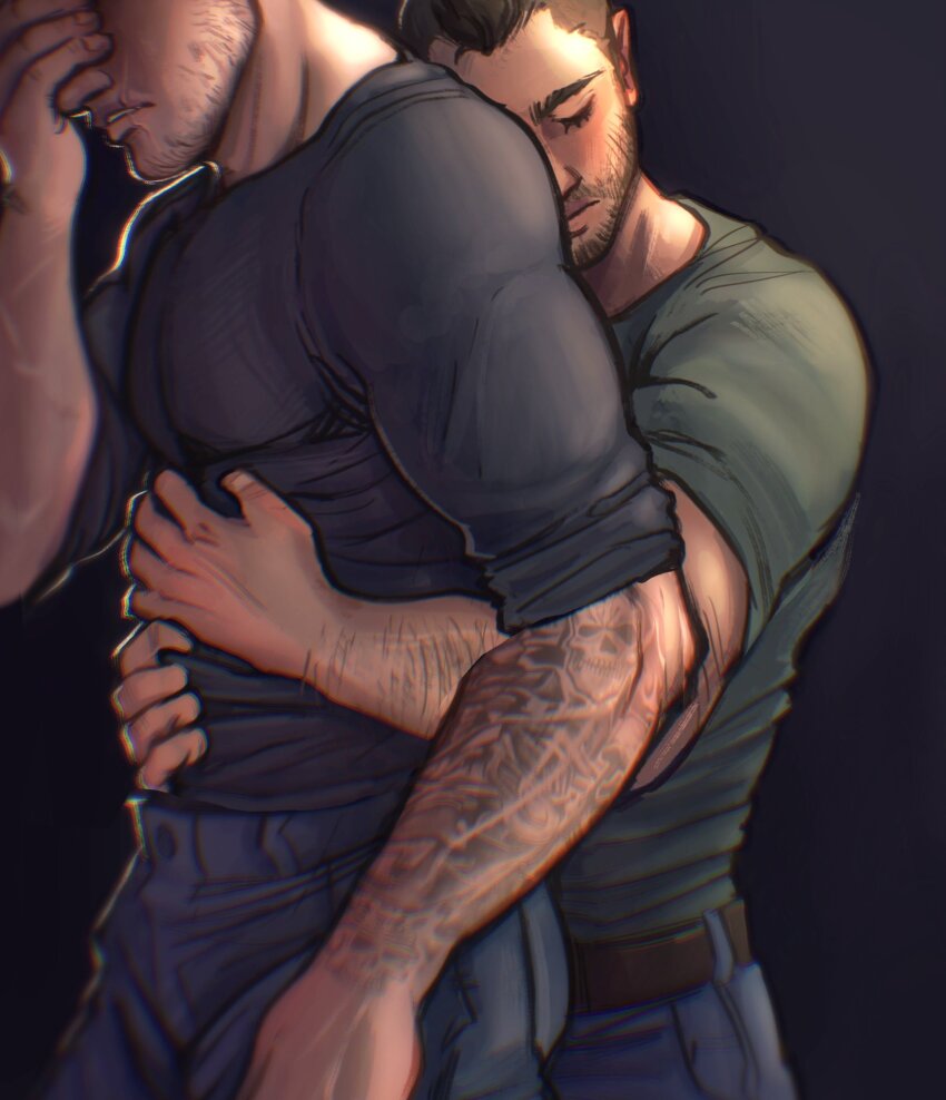 2boys bara belt black_hair black_pants black_shirt brown_belt call_of_duty call_of_duty:_modern_warfare_2 closed_mouth couple facial_hair ghost_(modern_warfare_2) green_shirt hand_on_own_face highres hug hug_from_behind large_pectorals male_focus multiple_boys muscular muscular_male pants pectorals shell_(fludderpy) shirt short_hair soap_(modern_warfare_2) yaoi