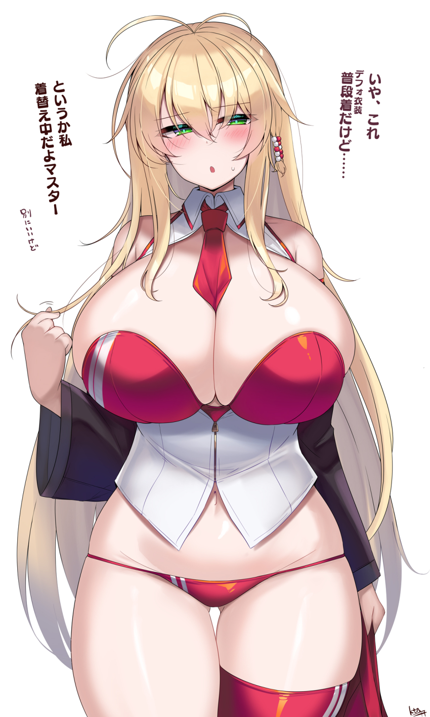 1girl :o ahoge blonde_hair blush breasts cleavage detached_collar detached_sleeves green_eyes hair_between_eyes hair_ornament highres huge_breasts jacket kutan leotard long_hair looking_at_viewer navel necktie open_mouth panties red_leotard red_necktie red_panties red_thighhighs sidelocks simple_background single_thighhigh solo standing thighhighs tsurumaki_maki underwear very_long_hair voiceroid white_background white_jacket