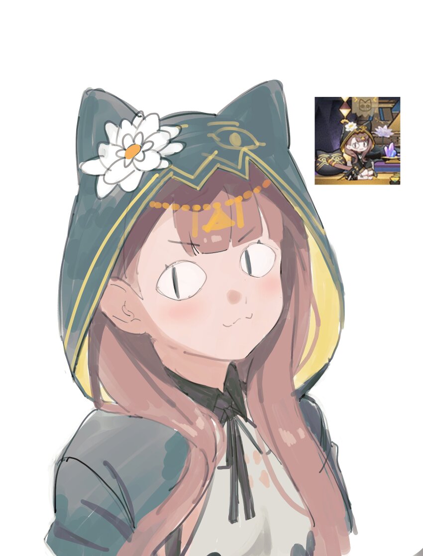 &lt;|&gt;_&lt;|&gt; 1girl :3 absurdres animal_hood arknights black_jacket black_ribbon brown_hair cat_hood closed_mouth commentary flower highres hood hood_up hooded_jacket jacket long_hair looking_at_viewer neck_ribbon pepe_(arknights) reference_inset ribbon screenshot_inset shirt simple_background sketch solo symbol-only_commentary upper_body v-shaped_eyebrows white_background white_flower white_shirt zapik