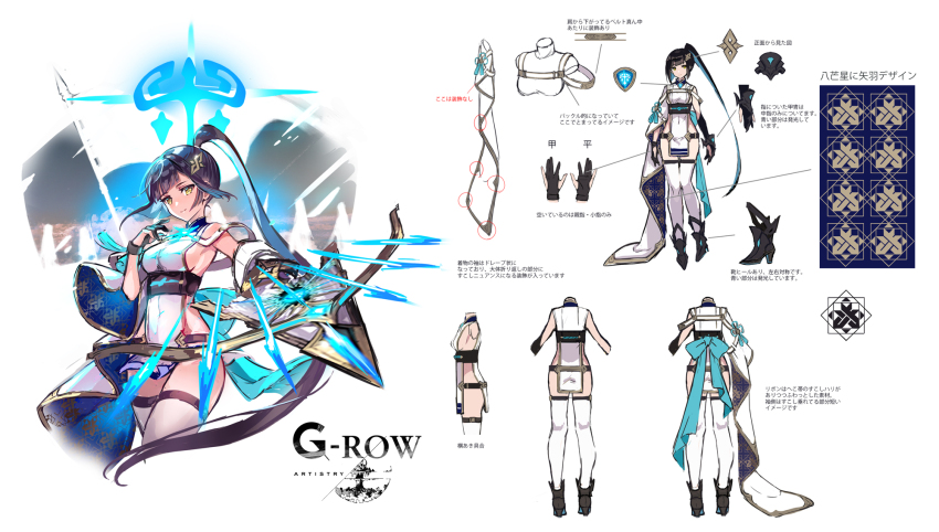 1girl aqua_hair arrow_(projectile) black_gloves breasts character_name character_sheet closed_mouth colored_inner_hair commentary_request covered_navel dress full_body gloves hair_ornament high_ponytail highres long_hair looking_at_viewer multicolored_hair multiple_views nakatsun_(gumi) official_art phantom_of_the_kill second-party_source sideboob simple_background smile standing suiha_(phantom_of_the_kill) thighhighs very_long_hair white_background white_dress white_thighhighs yellow_eyes