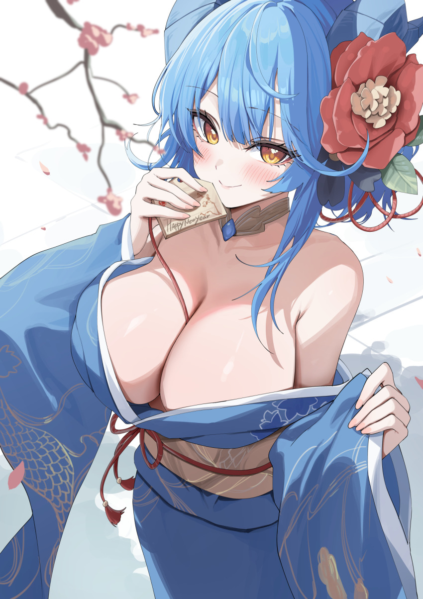 1girl bare_shoulders blue_hair blue_kimono branch breasts choker cleavage dragon_horns flower hair_flower hair_ornament highres holding horns japanese_clothes kimono large_breasts long_sleeves nengajou new_year original solo wide_sleeves yampa yellow_eyes