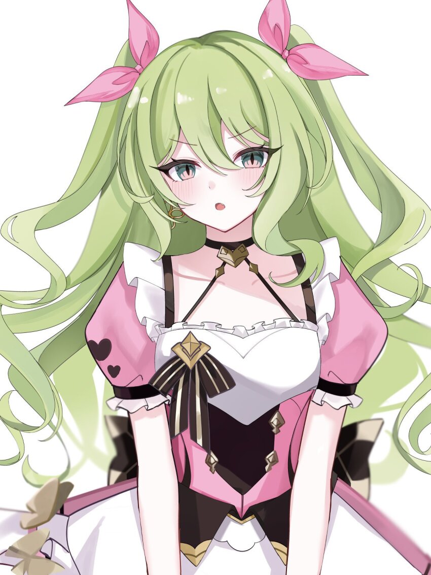 1girl :o apron blush bow commentary_request dress earrings green_eyes hair_bow highres honkai_(series) honkai_impact_3rd jewelry long_hair maid maid_apron mobius_(honkai_impact) mobius_(mobius_dressing)_(honkai_impact) official_alternate_costume pink_bow pink_dress puffy_short_sleeves puffy_sleeves short_sleeves simple_background snake solo tdatnst twintails upper_body white_apron white_background