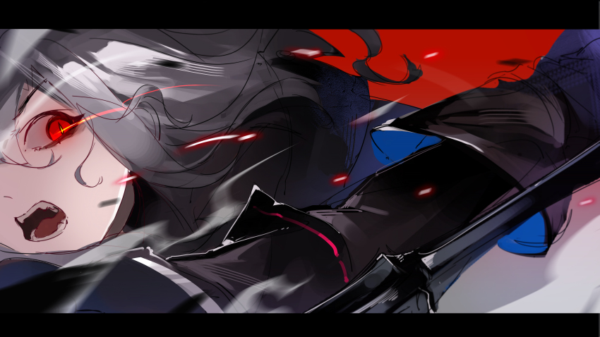 absurdres arknights attack black_gloves gloves glowing glowing_eyes grey_hair highres incoming_attack letterboxed long_sleeves open_mouth qingjiaokuaigengxin red_background red_eyes sharp_teeth skadi_(arknights) sword teeth tongue weapon white_hair