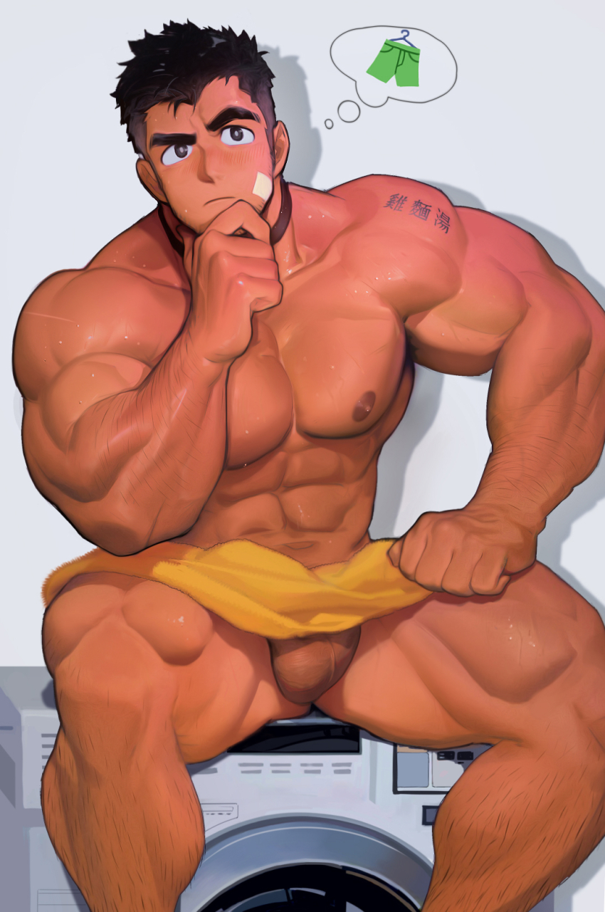 1boy abs arm_hair bandaid bandaid_on_face bara beard_stubble black_hair choker facial_hair hand_on_own_chin highres large_pectorals male_focus muscular muscular_male nipples nude original pectorals short_hair shoulder_tattoo sitting solo speech_bubble stroking_own_chin stubble tattoo testicles thick_eyebrows thick_thighs thighs thinking thought_bubble towel uleez washing_machine wet