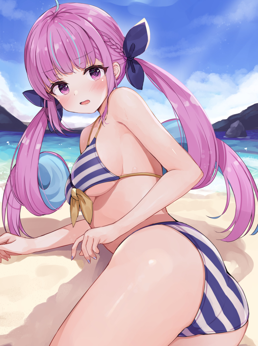 1girl absurdres ahoge ass bare_arms bare_shoulders beach bikini blue_hair blue_nails blue_ribbon blue_sky blush braid breasts cloud cloudy_sky colored_inner_hair commentary_request day front-tie_bikini_top front-tie_top hair_ribbon highres hololive long_hair looking_at_viewer lying medium_breasts minato_aqua minato_aqua_(hololive_summer_2019) multicolored_hair nail_polish on_side open_mouth outdoors purple_eyes purple_hair racchi. ribbon sand sky solo striped_bikini striped_clothes swimsuit twintails two-tone_hair very_long_hair virtual_youtuber water