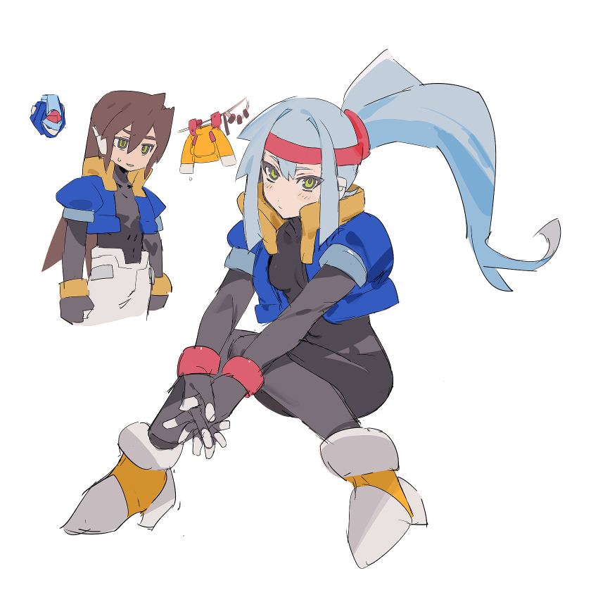 1boy 1girl alternate_costume ashe_(mega_man) black_bodysuit blue_hair blue_jacket blush_stickers bodysuit bottomless brown_hair cropped_jacket green_eyes high_ponytail highres jacket light_blue_hair long_hair mayutsuba_mono mega_man_(series) mega_man_zx mega_man_zx_advent model_x_(mega_man) open_clothes open_jacket robot_ears vent_(mega_man)