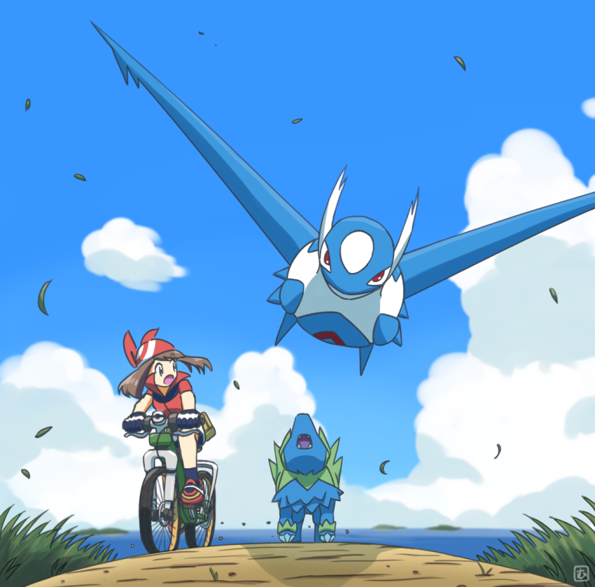 1girl bandana bicycle brown_hair cloud collared_shirt commentary_request creatures_(company) day falling_leaves from_below game_freak gen_3_pokemon gloves grass latios leaf legendary_pokemon manectric may_(pokemon) mutou610 nintendo open_mouth outdoors pokemon pokemon_(creature) pokemon_rse red_bandana red_shirt riding riding_bicycle shirt shoes short_sleeves sky socks tongue