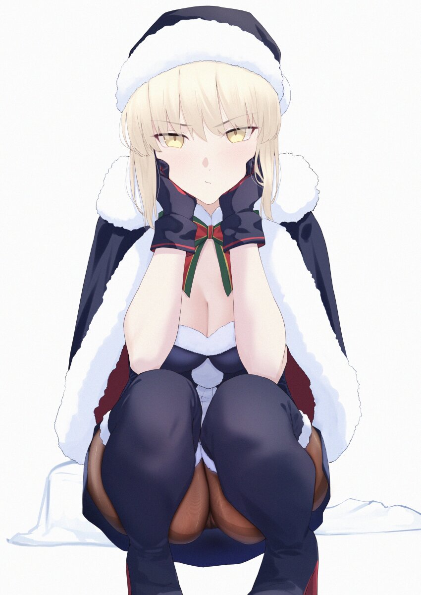 1girl absurdres artoria_pendragon_(all) artoria_pendragon_(fate) black_capelet black_dress black_gloves black_hat black_santa_costume black_thighhighs blonde_hair blush breasts capelet cleavage commentary dress fate/grand_order fate_(series) fur-trimmed_capelet fur-trimmed_dress fur-trimmed_headwear fur_trim gloves hat highres long_hair looking_at_viewer looking_back medium_breasts okuma707 pantyhose santa_alter santa_costume santa_hat solo squatting symbol-only_commentary thighhighs yellow_eyes