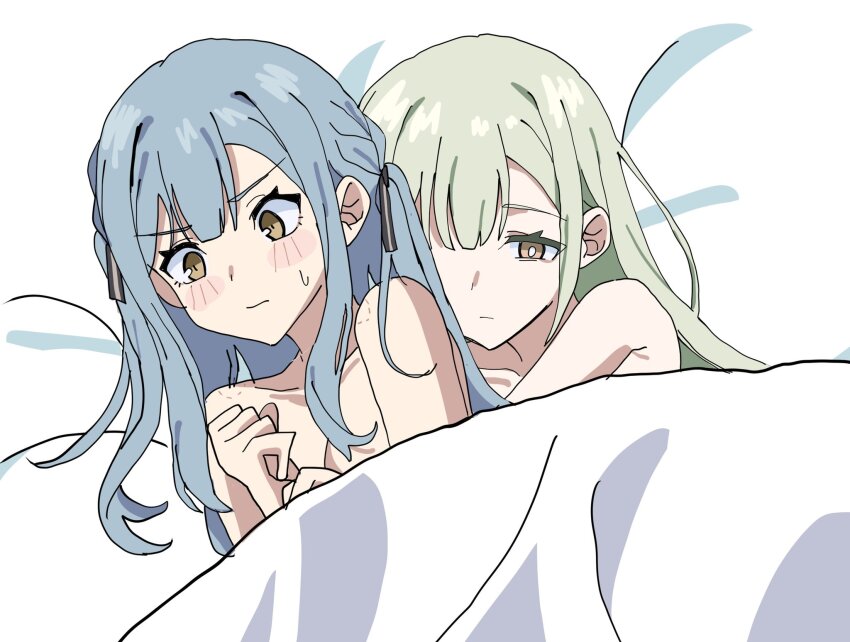 2girls bang_dream! bang_dream!_it&#039;s_mygo!!!!! bite_mark bite_mark_on_shoulder black_ribbon blue_hair bucishiro commentary_request green_hair hair_ribbon highres hug hug_from_behind indonesian_commentary long_hair multiple_girls nude ribbon sidelocks togawa_sakiko under_covers wakaba_mutsumi yellow_eyes yuri