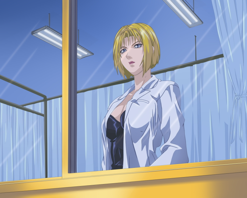 1girl bible_black blonde_hair blue_eyes breasts curvy kitami_reika lab_coat large_breasts lipstick looking_outside makeup nurse short_hair window witch