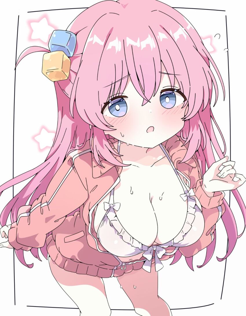 1girl asami-chan bikini blue_eyes blush bocchi_the_rock! breasts cleavage collarbone cube_hair_ornament flying_sweatdrops gotoh_hitori hair_ornament highres jacket large_breasts long_hair long_sleeves looking_at_viewer navel one_side_up open_mouth pink_hair pink_jacket sleeves_past_wrists solo star_(symbol) star_symbol_background stomach sweat swimsuit thighs track_jacket white_background white_bikini