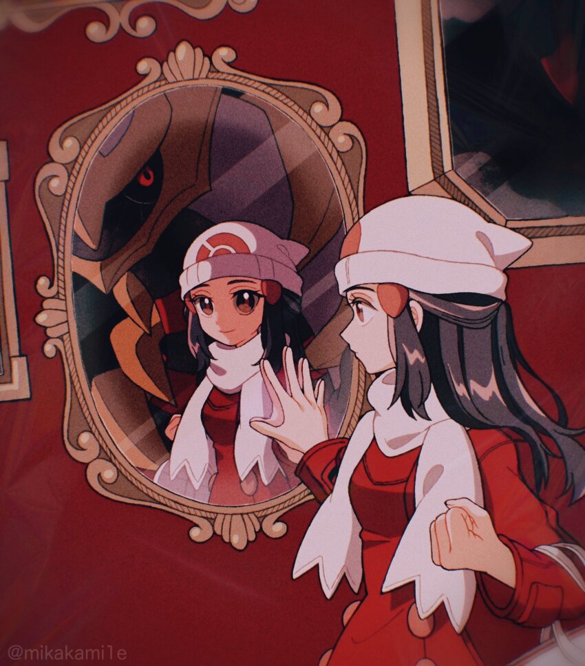 1girl bag beanie blue_hair coat creatures_(company) dawn_(pokemon) game_freak gen_4_pokemon giratina hallway handbag hat highres indoors legendary_pokemon long_hair mikakami1e mirror nintendo outstretched_hand pokemon pokemon_dppt pokemon_platinum red_eyes reflection scarf smile solo upper_body