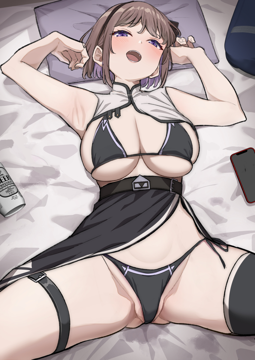 1girl absurdres araki_nonoka_(karaage_bou) bare_shoulders beer_can belt bikini black_bikini black_skirt black_thighhighs blush breasts brown_hair can cellphone cleavage crotch drink_can hairband high-waist_skirt highres karaage_bou large_breasts looking_at_viewer lying on_back open_mouth original phone purple_eyes shirt short_hair side_slit single_thighhigh skirt sleeveless sleeveless_shirt solo spread_legs swept_bangs swimsuit thigh_strap thighhighs thighs white_shirt