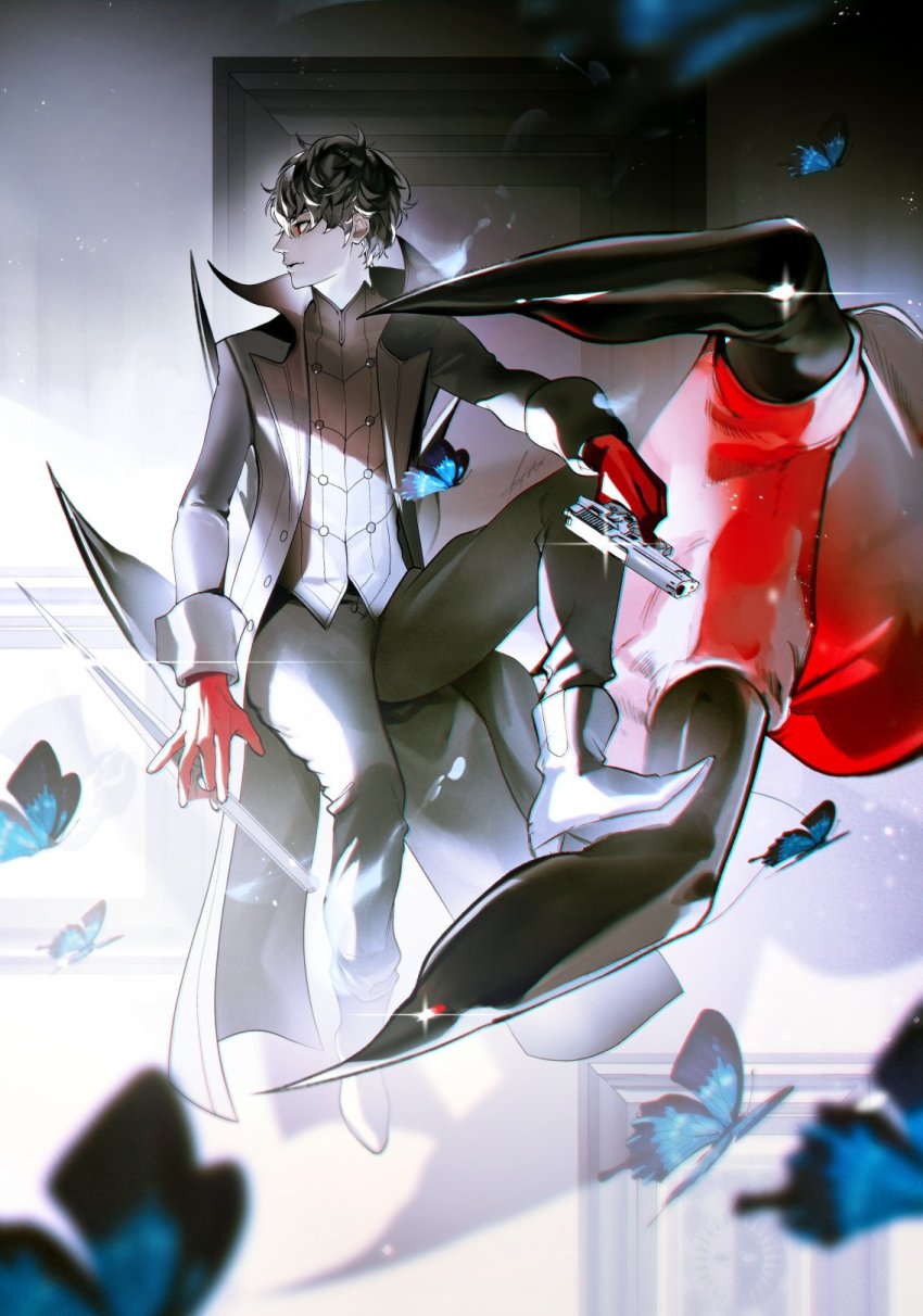 1boy amamiya_ren arsene_(persona_5) black_coat black_hair black_pants blue_butterfly boots btmr_game bug butterfly claws coat dagger gloves gun hair_between_eyes handgun highres holding holding_dagger holding_gun holding_knife holding_weapon insect knife long_sleeves male_focus pants parted_lips persona persona_5 profile red_gloves signature sitting sparkle weapon