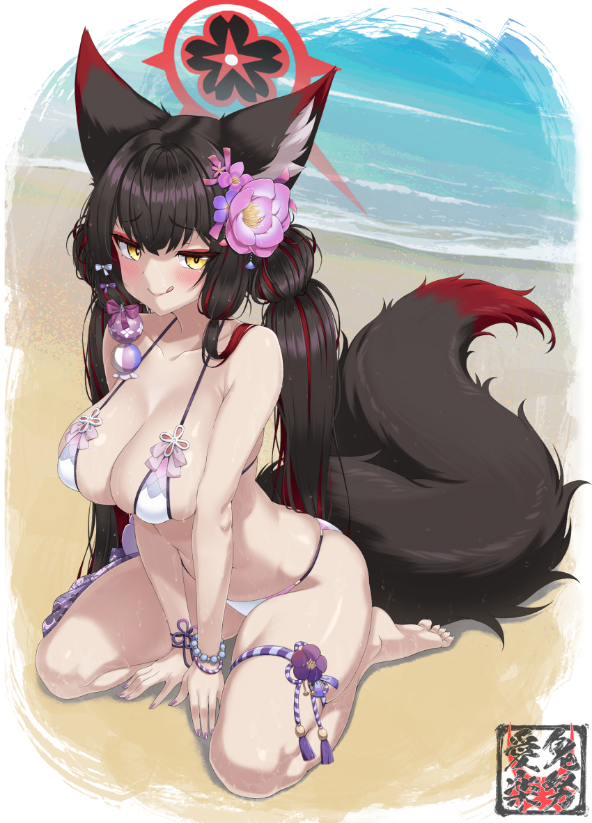 1girl animal_ears bare_shoulders bead_bracelet beads bikini black_hair blue_archive blush bracelet breasts cleavage collarbone colored_inner_hair eyeliner flower fox_ears fox_girl fox_tail hair_flower hair_ornament halo highres jewelry kido_airaku large_breasts licking_lips long_hair looking_at_viewer low_twintails makeup multicolored_hair red_hair smile solo swimsuit tail thighs tongue tongue_out twintails wakamo_(blue_archive) wakamo_(swimsuit)_(blue_archive) white_bikini yellow_eyes