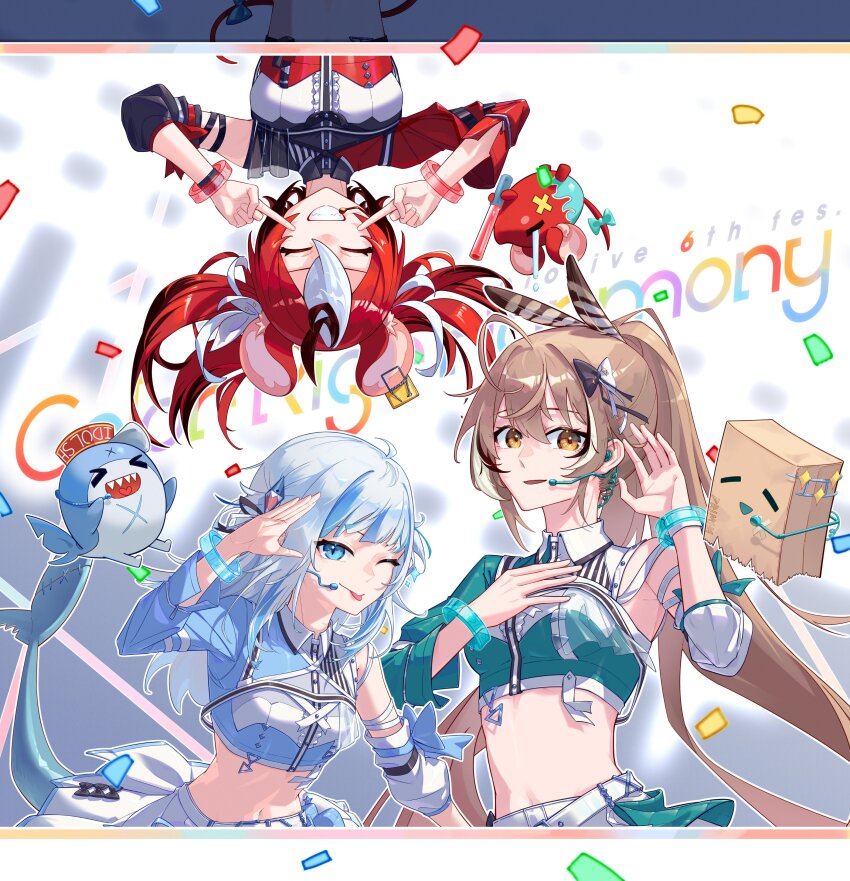 3girls absurdres animal_ears asymmetrical_sleeves bloop_(gawr_gura) blue_eyes brown_eyes brown_hair confetti crop_top feather_hair_ornament feathers fins fish_tail friend_(nanashi_mumei) gawr_gura grin hair_ornament hakos_baelz hand_on_own_chest headset highres hololive hololive_english hololive_idol_uniform_(color_rise) midriff mouse_ears mr._squeaks_(hakos_baelz) multicolored_hair multiple_girls nanashi_mumei navel navel_peek one_eye_closed onecolo133 pointing pointing_at_self ponytail shark_tail smile streaked_hair tail tongue tongue_out twintails upside-down white_hair wristband