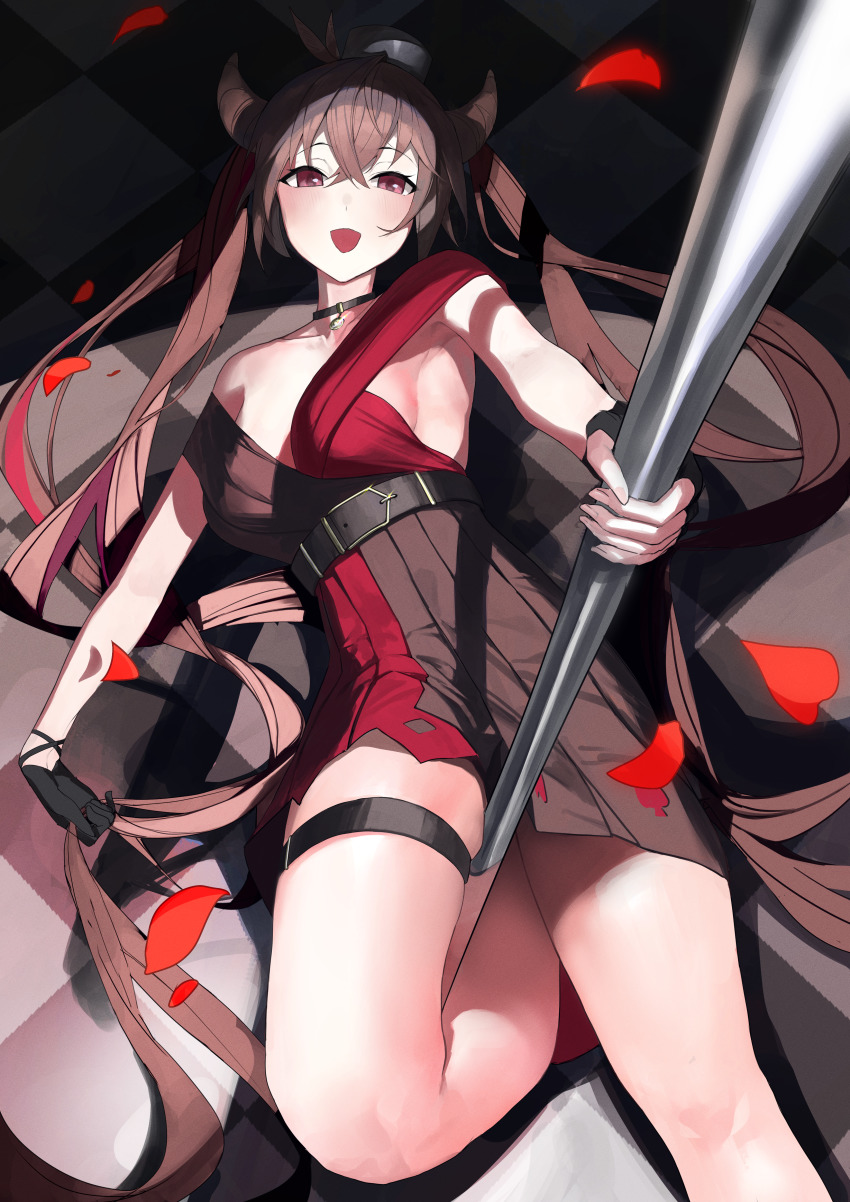 024th 1girl :d absurdres azur_lane belt choker dress fingerless_gloves from_above gloves highres horns long_hair official_alternate_costume open_mouth pole_dancing san_francisco_(azur_lane) san_francisco_(it&#039;s_showtime!)_(azur_lane) single_fingerless_glove smile thigh_strap twintails two-tone_dress very_long_hair