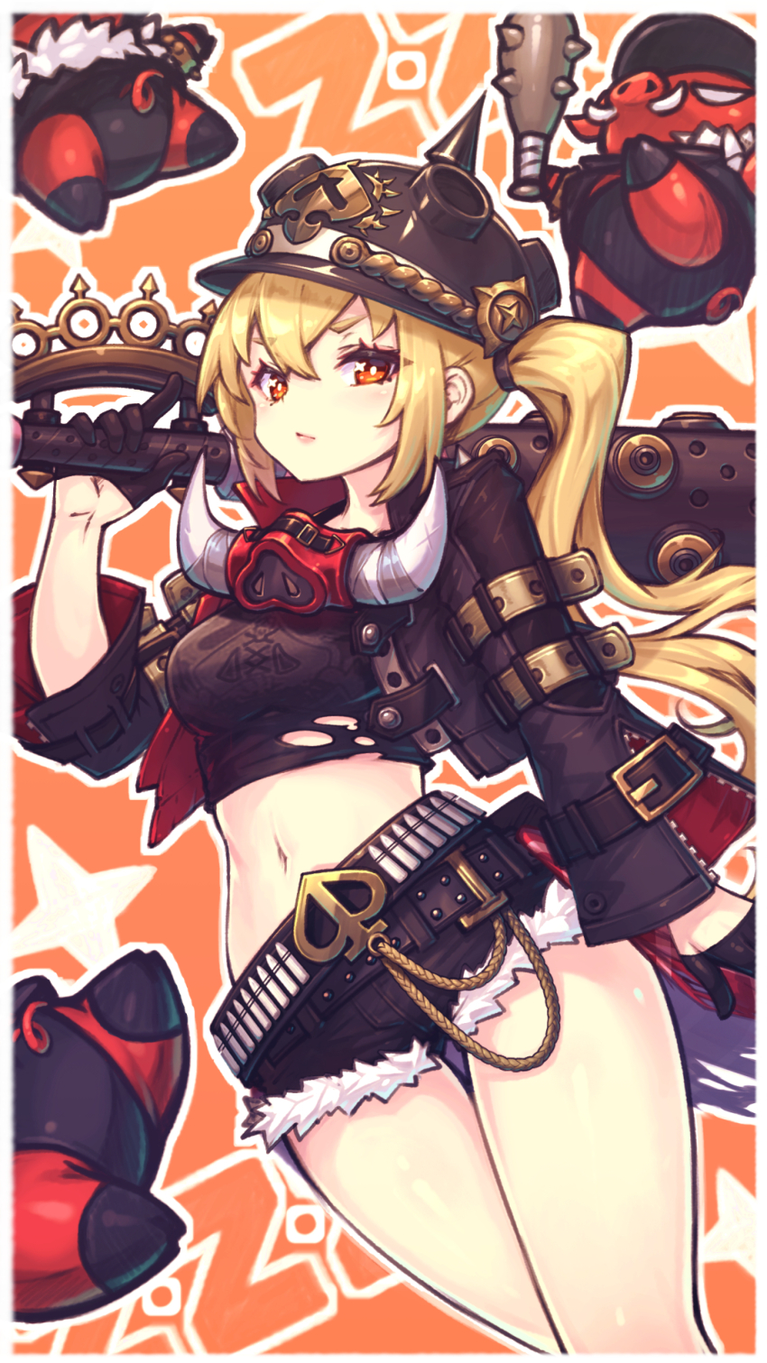 1girl blonde_hair boar boar_mask club_(weapon) cropped_jacket denim denim_shorts gloves gogatsu_no_renkyuu half_gloves helmet highres holding holding_club holding_weapon luciana_de_montefio midriff navel orange_background over_shoulder pickelhaube red_eyes shorts side_ponytail thighs weapon weapon_over_shoulder zenless_zone_zero