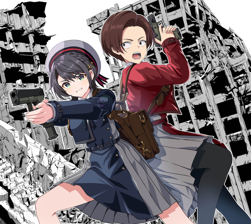 2girls :d absurdres bag belt black_eyes black_hair blue_eyes blue_skirt braid brown_hair crossover grey_skirt gun hair_ornament handbag harukawa_fuki hat highres holding holding_gun holding_weapon hololive konbanwa01 looking_at_viewer lycoris_recoil lycoris_uniform multiple_girls oozora_subaru open_mouth ruins short_hair skirt smile standing virtual_youtuber weapon white_hat