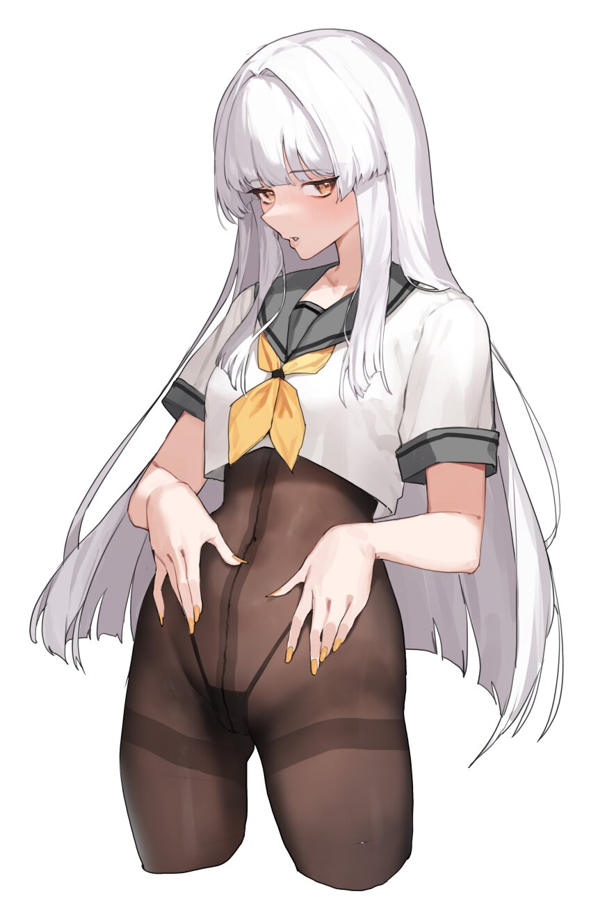 1girl absurdres black_panties black_survival covered_navel cowboy_shot crop_top eternal_return:_black_survival grey_sailor_collar highres long_hair minami_rio neckerchief panties panties_under_bodystocking parted_lips sailor_collar shirt simple_background solo tunamayo_(dsasd751) underwear very_long_hair white_background white_hair white_shirt yellow_eyes yellow_nails yellow_neckerchief