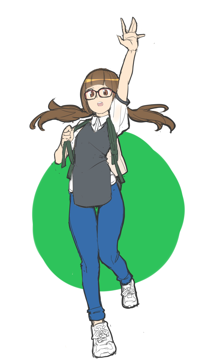 1girl absurdres arm_up backpack bag black-framed_eyewear brown_eyes brown_hair casual denim female_focus flat_chest full_body glasses glasses_girl_(makai) highres jeans long_hair low_twintails makai original pants shoes sketch sneakers solo thigh_gap twintails walking waving