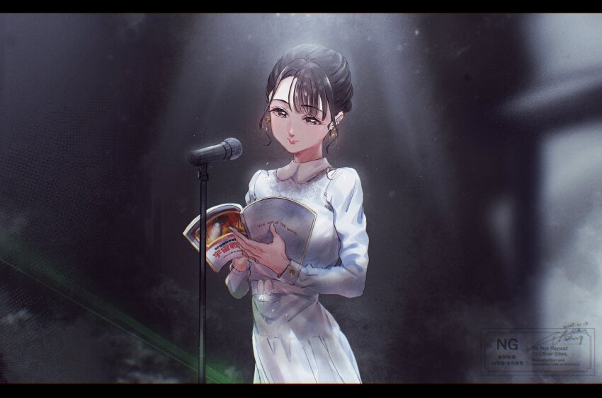 1girl absurdres alt_text animification black_hair blurry blurry_background book collared_dress commentary_request cowboy_shot dated dress earrings grey_eyes highres holding holding_book jewelry kuziaaizuk letterboxed long_sleeves microphone_stand nonaka_kokona open_book real_life script short_hair sidelocks signature solo standing twitter_username watermark white_dress