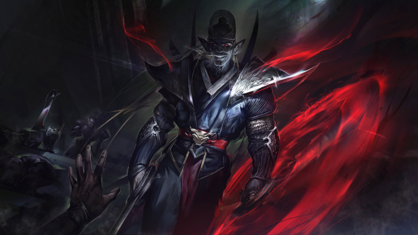 3boys absurdres armor breath clothing_request corpse demon_boy draven glowing glowing_eyes grin hat highres holding impaled league_of_legends long_sleeves multiple_boys pointy_ears pov red_eyes shoulder_armor smile solo_focus teeth weapon whirligig wutu_(1183238220)