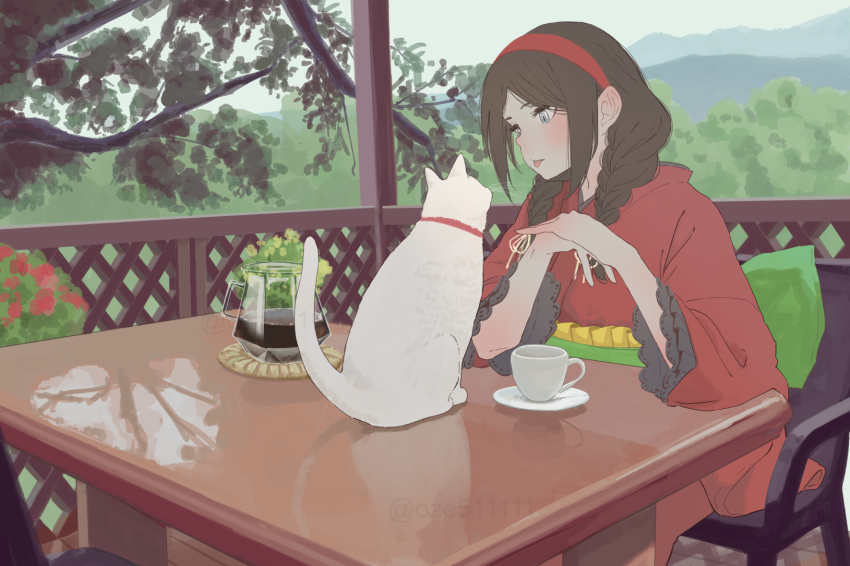 1girl blue_eyes blush braid cat chair coffee commentary_request cup elbows_on_table hair_ribbon hairband highres japanese_clothes kimono obi original outdoors own_hands_together oze_(xyz_go_go11) pitcher_(container) red_hairband red_kimono reflection ribbon sash saucer sitting solo table teacup tongue tongue_out tree twin_braids twitter_username white_cat white_ribbon