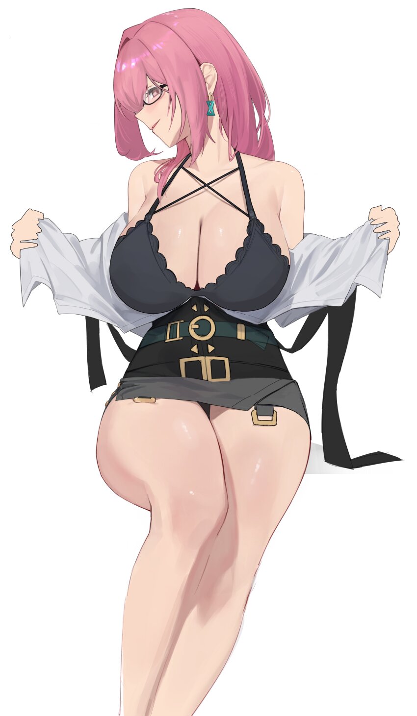 1girl absurdres black-framed_eyewear black_skirt breasts criss-cross_straps glasses high-waist_skirt highres hourglass_earrings jaihu large_breasts pencil_skirt pink_eyes pink_hair shirt simple_background skirt solo tsukishiro_yanagi undressing white_background white_shirt zenless_zone_zero