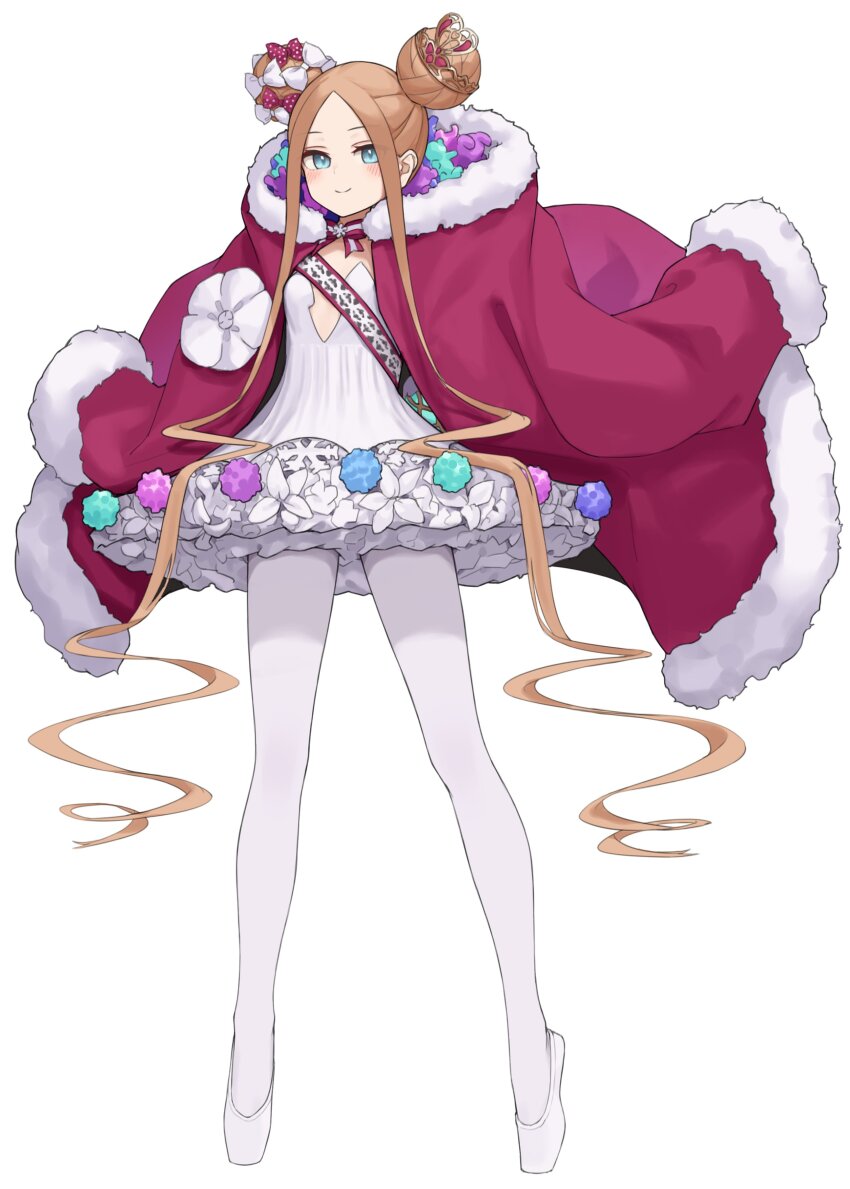 1girl abigail_williams_(fate) abigail_williams_(santa)_(fate) absurdres ballerina ballet ballet_slippers blonde_hair blue_eyes blush bow breasts cloak closed_mouth double_bun dress en_pointe fate/grand_order fate_(series) forehead full_body fur-trimmed_cloak fur_trim hair_bow hair_bun highres kopaka_(karda_nui) long_hair looking_at_viewer pantyhose parted_bangs red_bow red_cloak sash sidelocks simple_background small_breasts smile solo stuffed_animal stuffed_toy teddy_bear tiara tutu very_long_hair white_background white_bow white_dress white_pantyhose