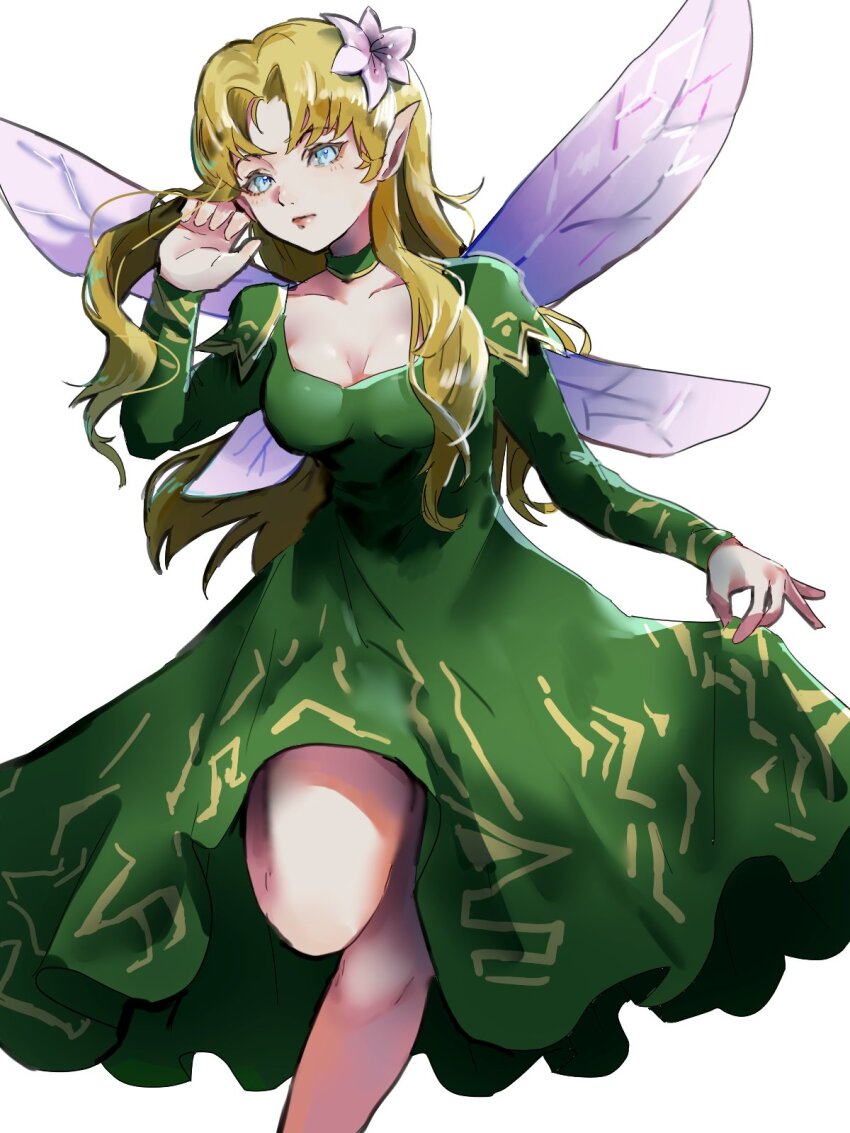 1girl 4me3ba_niku blonde_hair blue_eyes breasts commentary_request dress fairy_wings flower green_dress highres large_breasts pink_flower pointy_ears shin_megami_tensei simple_background sleeves_past_wrists solo titania_(megami_tensei) white_background wings