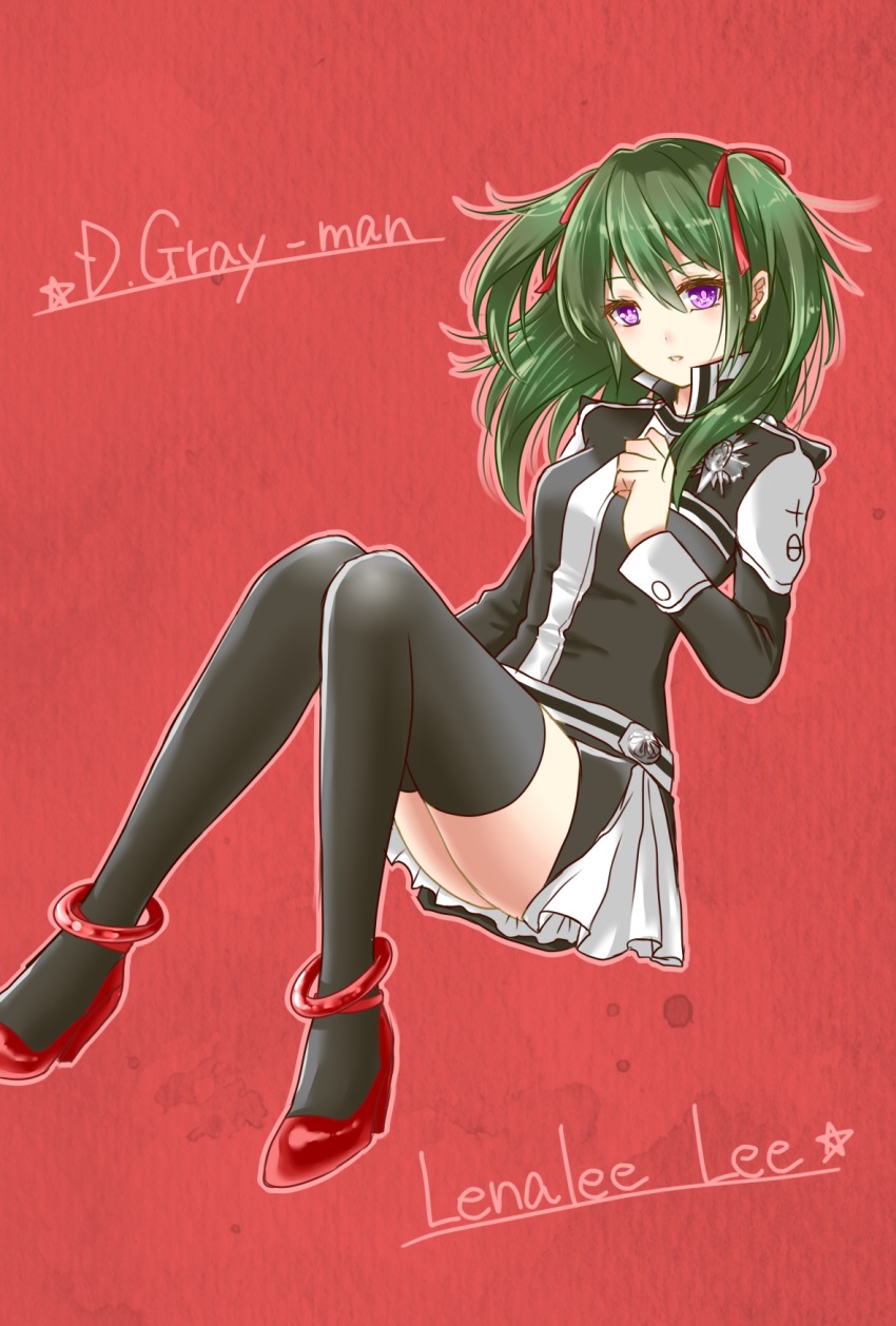 1girl anklet black_jacket black_skirt black_thighhighs character_name copyright_name d.gray-man female_focus fj81l full_body green_hair hair_between_eyes hair_ribbon high_heels highres jacket jewelry lenalee_lee long_hair long_sleeves military_jacket miniskirt parted_lips pumps purple_eyes red_background red_footwear red_ribbon ribbon skirt solo thighhighs twintails uniform zettai_ryouiki