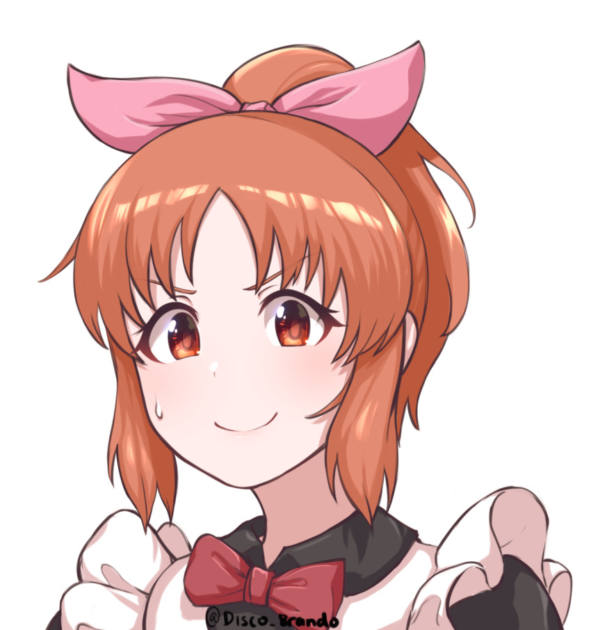 1girl abe_nana artist_name bow bowtie brown_eyes brown_hair disco_brando female_focus frills hair_ribbon highres idolmaster idolmaster_cinderella_girls looking_at_viewer maid pink_ribbon ponytail portrait red_bow red_bowtie ribbon short_hair short_ponytail simple_background smile solo sweatdrop twitter_username v-shaped_eyebrows white_background