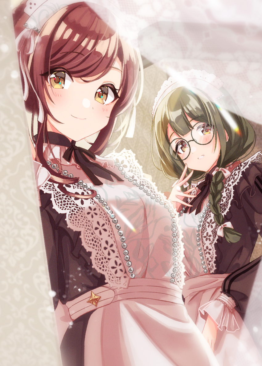 2girls absurdres alternate_costume apron bespectacled blurry blurry_foreground blush braid braided_ponytail brown_hair enmaided glasses green_hair highres idolmaster idolmaster_shiny_colors kisaragi_satsuki kuwayama_chiyuki lace-trimmed_apron lace_trim looking_at_viewer maid making-of_available multiple_girls neck_ribbon osaki_amana ribbon side_ponytail smile