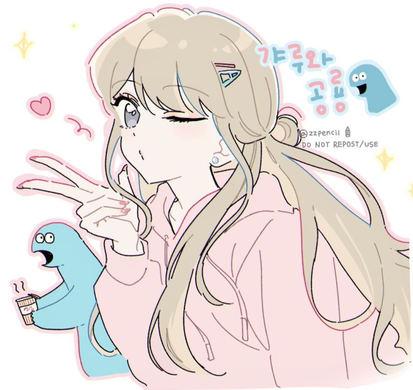 1girl blonde_hair character_request copyright_request dinosaur grey_eyes hood hoodie korean_text long_hair looking_at_viewer one_eye_closed purple_hoodie simple_background translation_request upper_body v white_background zzpencil