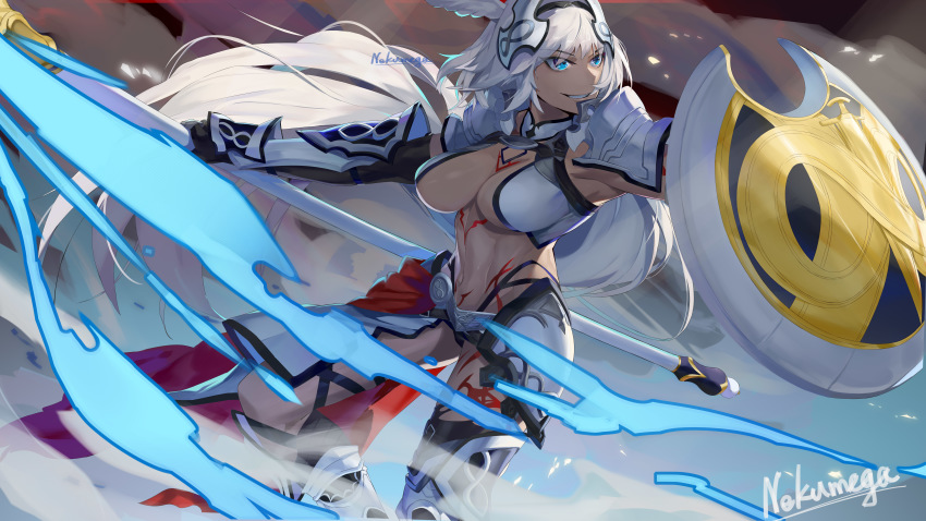 1girl abs absurdres animal_ears armor bikini black_bikini black_gloves black_thighhighs blue_eyes blue_fire body_markings breasts caenis_(fate) caenis_(second_ascension)_(fate) cape dark-skinned_female dark_skin elbow_gloves eyes_visible_through_hair fate/grand_order fate_(series) faulds fire gloves grey_background hair_intakes headpiece highres large_breasts long_hair looking_at_viewer navel nekumega parted_lips pauldrons polearm ponytail red_cape shield shoulder_armor smile solo spear swimsuit tattoo thigh_gap thighhighs waist_cape weapon white_hair