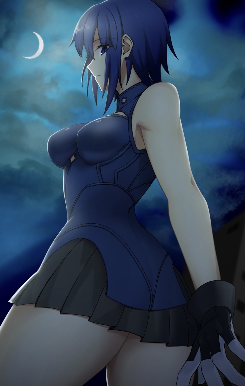 1girl absurdres ass bare_shoulders black_gloves black_skirt blue_dress blue_eyes blue_hair breasts ciel_(tsukihime) crescent_moon dress gloves highres large_breasts looking_at_viewer moon moyashi_(tenor366) night night_sky pelvic_curtain powered_ciel short_dress short_hair skirt sky sleeveless sleeveless_dress solo tsukihime