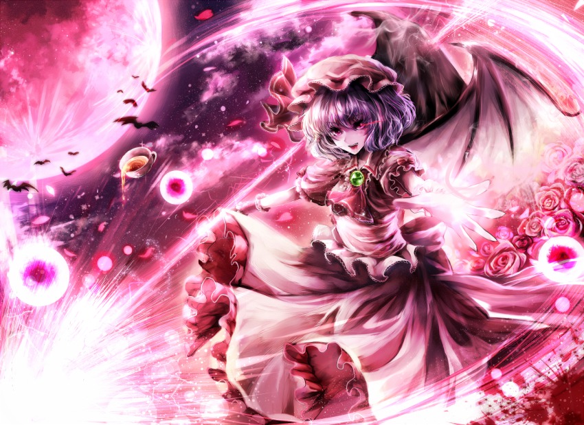 1girl bad_id bad_pixiv_id bat_(animal) cloud cup dress female_focus flower frills kotonoman moon night purple_hair red_eyes red_moon remilia_scarlet rose solo spear_the_gungnir spill tea teacup touhou wings