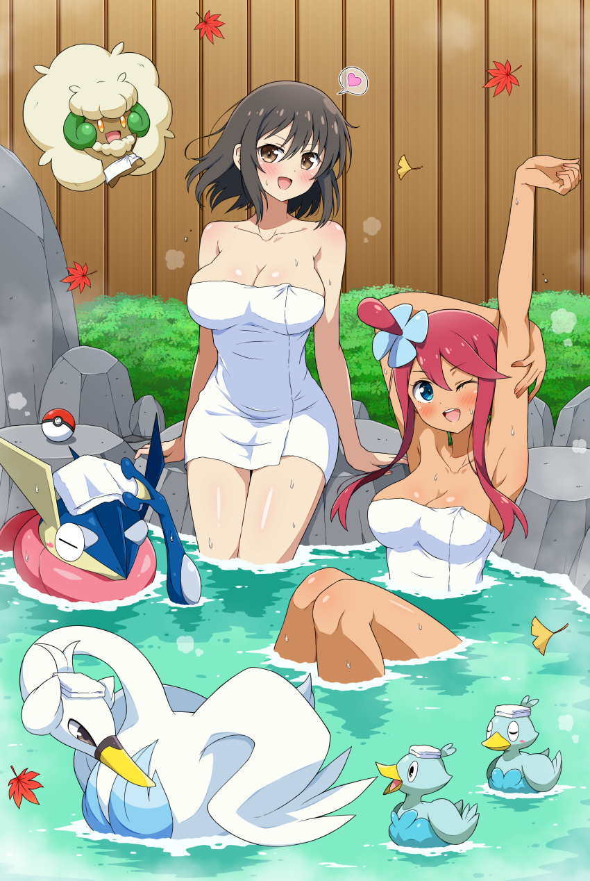 absurdres asuka_(senran_kagura) blue_eyes breasts commission creatures_(company) crossover ducklett eggman_(pixiv28975023) game_freak gen_5_pokemon gen_6_pokemon greninja highres large_breasts nintendo onsen pokemon pokemon_bw senran_kagura senran_kagura_shoujo-tachi_no_shin&#039;ei skeb_commission skyla_(pokemon) swanna whimsicott