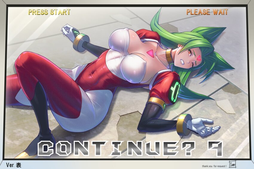 animal_ears bloody_roar bodysuit breasts cat_ears chest_markings cleavage clenched_teeth commentary_request commission continue covered_erect_nipples covered_navel defeat english_text facial_mark forehead_mark gameplay_mechanics green_hair highres large_breasts long_hair nonomura_uriko one_eye_closed orange_eyes parted_lips red_bodysuit skeb_commission teeth tomo_eokaiteru two-tone_bodysuit white_bodysuit