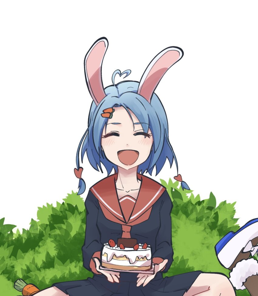 2girls :d ahoge animal_ears asagi_glauca black_shirt black_skirt blue_hair blush bush cake carrot carrot_hair_ornament closed_eyes commentary_request feet_out_of_frame flat_chest food food-themed_hair_ornament hair_ornament heart heart_ahoge heart_hair_ornament highres holding holding_cake holding_food indian_style long_sleeves multiple_girls neckerchief open_mouth original rabbit_ears rabbit_girl red_neckerchief red_sailor_collar sailor_collar shirt shoes short_hair sitting skirt skirt_set smile solo_focus white_background white_footwear yan_pai