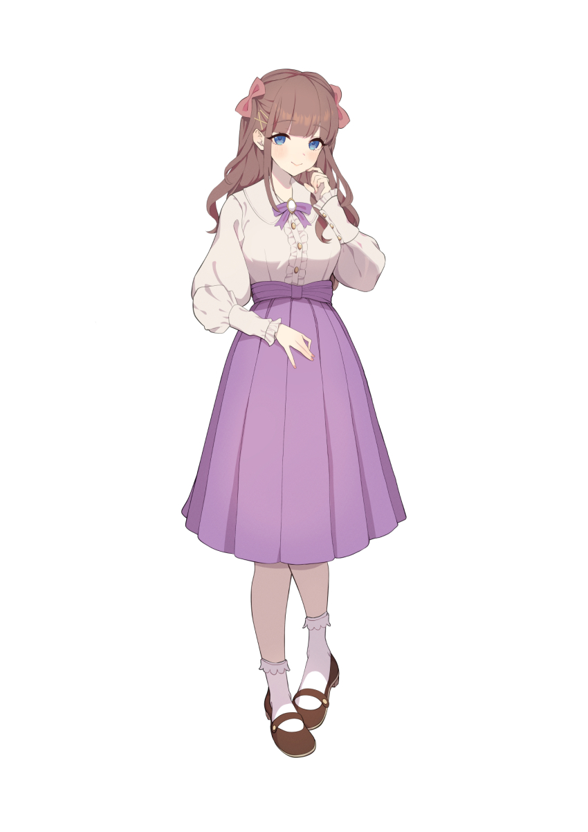 1girl blouse blue_eyes bow breasts brown_footwear brown_hair center_frills closed_mouth commentary_request finger_to_cheek frills full_body hair_bow highres lace-trimmed_socks long_hair long_sleeves mary_janes medium_breasts medium_skirt original pleated_skirt puffy_long_sleeves puffy_sleeves purple_bow purple_skirt red_bow shirt shoes simple_background skirt smile socks standing sukoyaka93 tachi-e white_background white_shirt white_socks