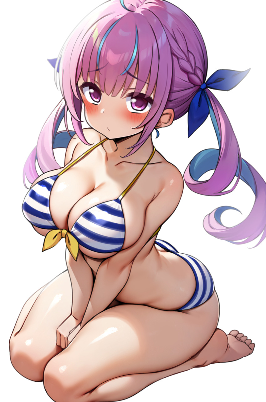 1girl ahoge arched_soles bare_shoulders barefoot bikini blue_bikini blue_hair blue_ribbon blush braid breasts cleavage closed_mouth collarbone colored_inner_hair commentary_request front-tie_bikini_top front-tie_top hair_ribbon halterneck highres hololive large_breasts legs long_hair looking_up minato_aqua minato_aqua_(hololive_summer_2019) multicolored_hair pink_eyes pink_hair ribbon sakanaya_(sakanaya952) simple_background sitting solo streaked_hair striped_bikini striped_clothes swimsuit thighs toes twintails two-tone_hair virtual_youtuber wariza white_background