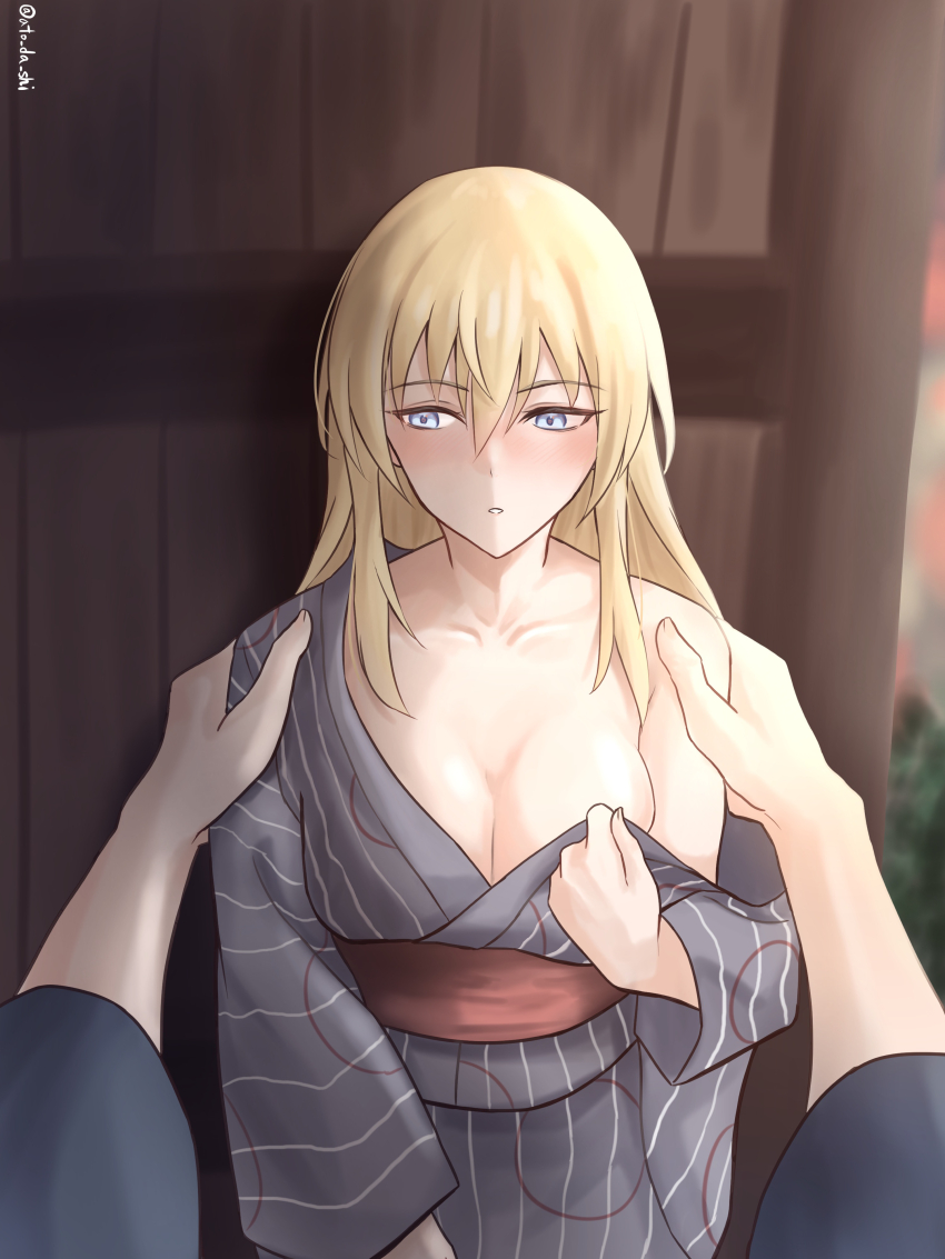 1boy 1girl absurdres atodashi bismarck_(kancolle) blonde_hair blue_eyes blush breasts cleavage grey_kimono hands_on_another&#039;s_shoulders highres japanese_clothes kantai_collection kimono large_breasts long_hair open_mouth single_bare_shoulder twitter_username undressing