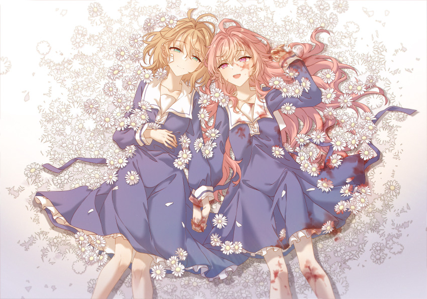 2girls absurdres bandaid bandaid_on_face blood blood_on_clothes blood_on_face blood_on_hands blue_dress brown_hair closed_mouth commentary dress field flower flower_field green_eyes highres holding_hands innoarukugyou interlocked_fingers kagari_mimi kimi_ga_shinu_made_koi_wo_shitai long_hair long_sleeves multiple_girls open_mouth pink_eyes pink_hair short_hair smile symbol-only_commentary teeth totsuki_shiina upper_teeth_only yuri