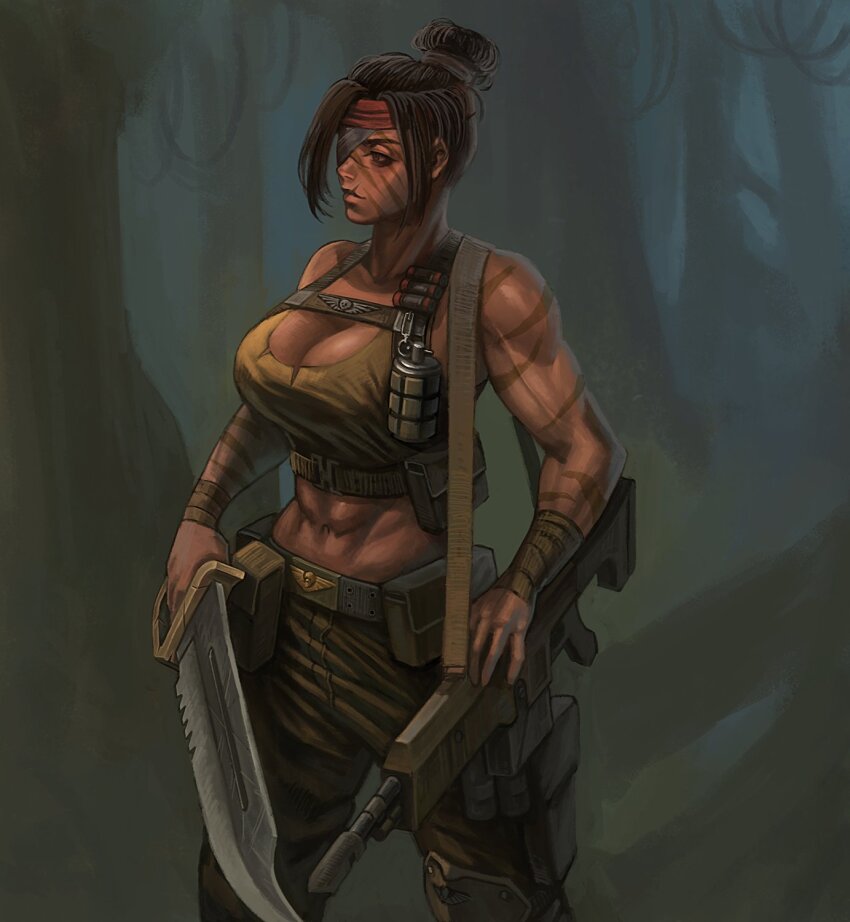 1girl abs ammunition_pouch astra_militarum bandana belt breasts camouflage catachan_jungle_fighter cleavage dark_skin directed-energy_weapon energy_gun energy_weapon explosive eyepatch grenade gun headband highres huge_breasts jungle knife large_breasts laser_gun laser_weapon lasgun looking_to_the_side muscular muscular_female nature pouch scar scar_on_face scar_on_mouth skull solo tank_top toned warhammer_40k weapon wlfltksanfgksk